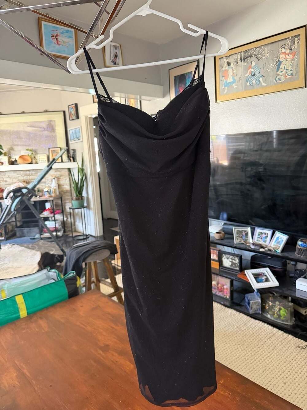 January 7 Black Glitter Cowl Neck Midi Dress with Lace Trim